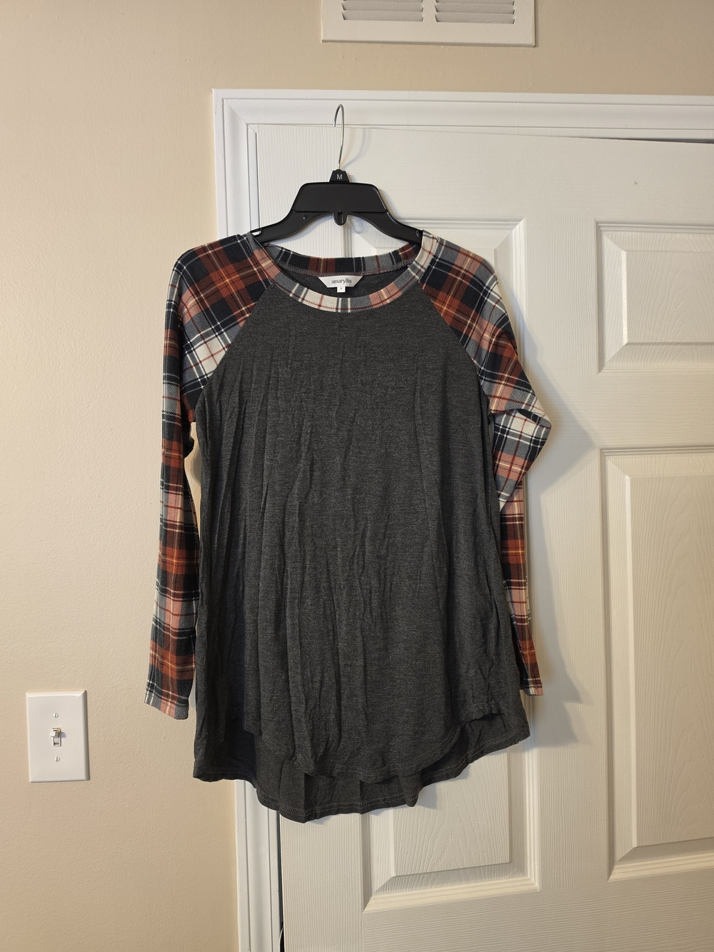 Amaryllis Charcoal Long Sleeve Top with Red and Cream Plaid Trim